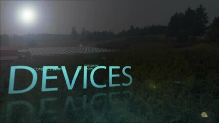 Poster - Text animation of global connectivity over scenic landscape at dusk sky