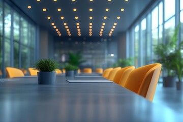 Poster - Contemporary Meeting Room. Modern Office with Long Conference Table Orange Chairs and Green Plants for Productive Collaboration : Generative AI