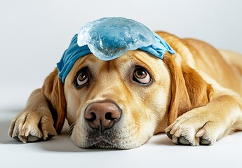 Poster - Humorous Labrador lying down with ice pack on head to relieve discomfort and show charm : Generative AI