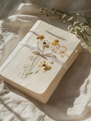 Aufkleber - Cream-colored journal with pressed flowers beside soft light and delicate fabric by the window in a cozy setting