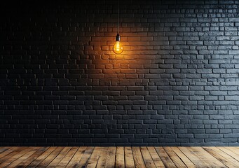 Poster - Industrial style interior featuring black brick wall with warm glowing light bulb hanging : Generative AI