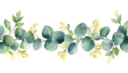 Poster - Elegant and Lush Watercolor Eucalyptus and Yellow Flower Border for Decorative Design : Generative AI