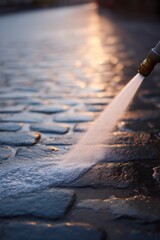 Poster - sweeping motion of water from hose cleaning cobblestone street creating reflections under soft light