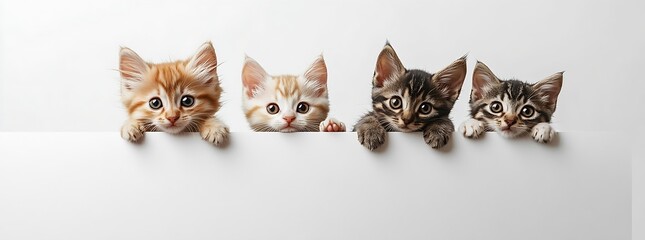 Poster - Cute Kittens Peeking Over White Sign Banner with Playful Orange and Tabby Cats Kitten Eyes Adorable Pets : Generative AI