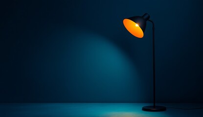 Aufkleber - Chic minimalist floor lamp glowing softly against a rich blue wall creating a cozy atmosphere : Generative AI