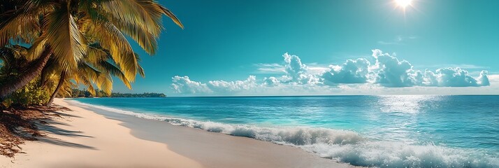 Aufkleber - Tropical Beach Paradise with Turquoise Water Palm Trees and White Sand in Bright Sunshine Vacation Destination : Generative AI