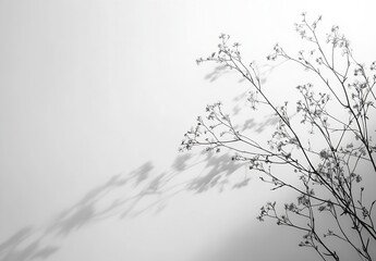 Poster - Minimalist White Flower Branch on White Background Shadow Play Delicate Floral Arrangement Simple and Serene Nature Image : Generative AI