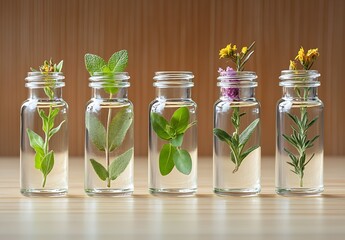 Aufkleber - A stunning array of herbs in glass jars showcasing the intricate beauty of nature's plants and their refreshing qualities : Generative AI