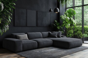 Poster - Stylish Living Room Interior with Dark Walls Green Plants and Comfortable Sofa for Modern Home Design : Generative AI