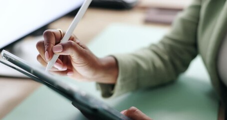 Poster - Closeup, hands and person with tablet writing, ux design and notes with developer for software update. Office, business employee and web designer with digital pen for ui testing, information and tech