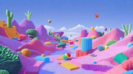 Poster - vibrant pixel art landscape featuring retro elements with colorful 3d objects scattered throughout s