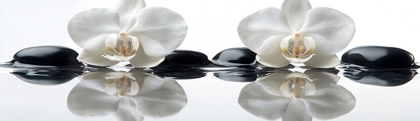 Poster - Zen Garden Still Life White Orchids and Smooth Black Stones Reflecting in Water Serene Spa and Wellness Theme : Generative AI