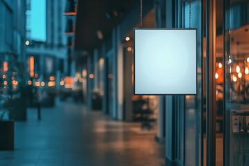 Leinwandbilder - Blank Square Sign Hanging on Building Facade at Night Empty White Billboard Mockup for Shop Advertisement : Generative AI