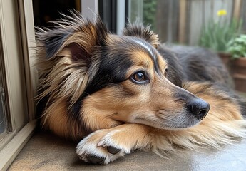 Poster - Cute dog lounging next to an open window gazing thoughtfully into the garden outside : Generative AI