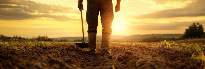 Aufkleber - Farmer working the land at sunset with a hoe in a rural field setting
