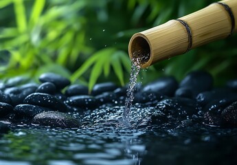 Fototapete - Zen Garden Detail with Bamboo Fountain Water Flowing Over Smooth Black Stones for Relaxation and Peace : Generative AI