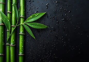 Poster - Close up view of bamboo shoots with droplets reflecting light on a dark surface showcasing nature's beauty : Generative AI