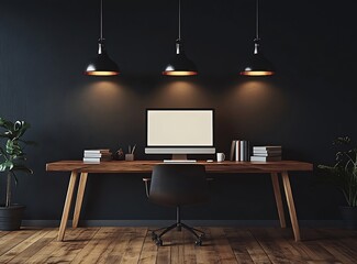 Aufkleber - Modern Home Office Setup Minimalist Workspace with Wood Desk Computer Books and Plants Against a Dark Wall Interior : Generative AI