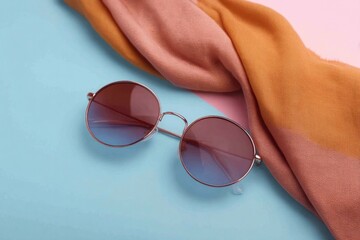 Poster - aesthetic shot of trendy sunglasses and silk scarf laid out on pastel background composition minimal