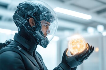 Poster - alien explorer in biomechanical exosuit examining glowing artifact in high-tech museum clean geometr