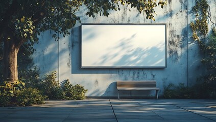 Aufkleber - Blank Sign on Concrete Wall with Bench and Greenery for Outdoor Advertising or Urban Design : Generative AI