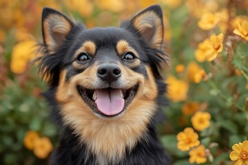 Poster - Charming Dog Smiling in Flower Garden Portrait of Happy Pet in Bloom : Generative AI