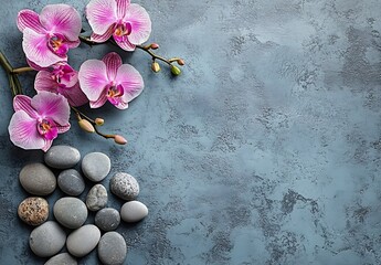 Poster - Stunning Pink Orchids and Smooth Stones on a Rustic Blue Background : Generative AI