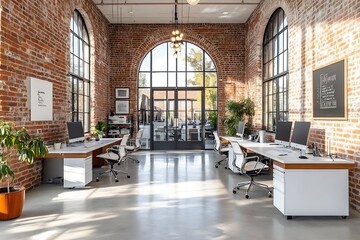 Fototapete - Spacious Modern Office Interior with Brick Walls Large Windows and Rows of Desks Collaborative Workspace Design : Generative AI