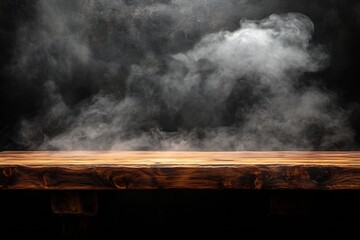 Poster - Steam on Wooden Table Dark Background Food Photography Rustic Product Mockup Atmospheric Scene Kitchen Still Life : Generative AI