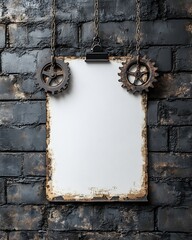 Poster - Industrial Chic Mockup Blank Paper on Brick Wall with Gears and Chains Perfect for Presentations or Portfolio Display : Generative AI