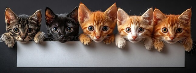 Poster - Adorable Row of Five Curious Kittens Posing Together Cute Cat Family Portrait Sweet Little Cats Group Shot Animal Photography : Generative AI