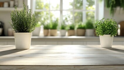 Aufkleber - Sunlit Kitchen Still Life with Herbs in Pots on Wooden Table Sunny Window Background Home Interior : Generative AI