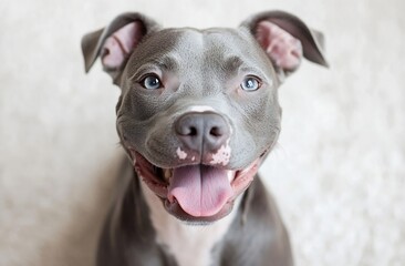 Poster - Adorable Blue Nose Pitbull Puppy with Bright Blue Eyes Smiling at the Camera CloseUp Portrait : Generative AI