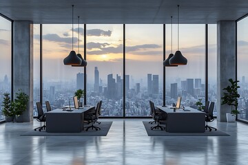 Fototapete - Modern Office Space with City View at Sunset Minimalist Interior Design : Generative AI