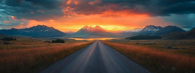 Aufkleber - Dramatic Landscape View of a Straight Road Leading to Snow Capped Mountains Under a Colorful Sunset Sky : Generative AI