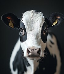 Poster - Close Up Portrait of a Black and White Cow Staring Directly into the Camera on a Dark Background : Generative AI
