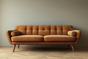 Poster - Stylish Mid Century Modern Brown Sofa Couch on Herringbone Wood Floor Neutral Gray Wall Scandinavian Design Home : Generative AI