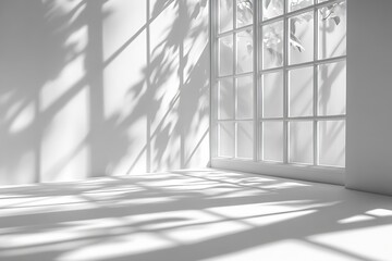 Poster - White Room Interior with Natural Light Streaming Through Window Casting Leaf Shadows Clean Minimalist Design : Generative AI