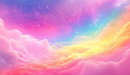 Poster - Vibrant cosmic clouds blending colors in a dreamy pastel sky filled with sparkling stars : Generative AI