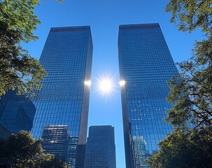Aufkleber - Modern Cityscape Majesty Towering Glass Buildings Reflecting Sunlight Against a Vibrant Blue Sky Framed by Lush Green Trees : Generative AI