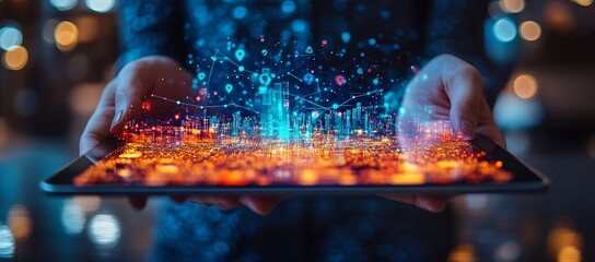 Leinwandbilder - Hands Holding Tablet Displaying Futuristic City Network Connection Data Visualization Concept Digital Transformation Technology : Generative AI