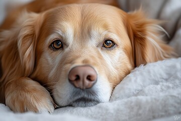Poster - Golden Retriever Dog Portrait Captivating Close Up of a Loyal Companion with Soft Fur Gentle Eyes and Peaceful Expression : Generative AI