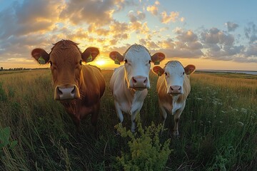 Poster - Three Cows Standing in a Field at Sunset Farm Animals Grazing in a Pasture with Scenic Cloudy Sky for Agricultural Themes : Generative AI