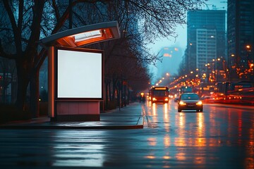 Poster - City Street View at Night with Blank Billboard Under Warm Light Post Vehicles Driving on Wet Asphalt : Generative AI