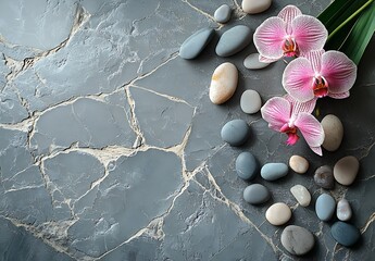 Fototapete - Serene Arrangement of Pink Orchids and Smooth Stones on a Textured Gray Surface : Generative AI