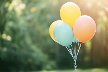 Poster - colorful balloons floating gracefully on blurred background create vibrant yet minimalistic scene