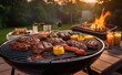 © Олег Мальшаков - Delicious steaks and corn grilling on barbecue at sunset