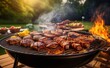 © Олег Мальшаков - Delicious steaks and corn grilling on barbecue at sunset