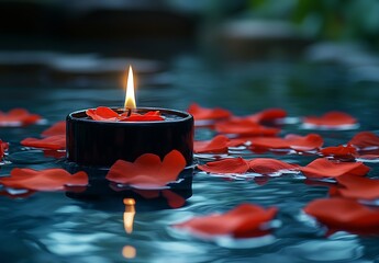 Poster - Serene Candlelit Scene with Red Rose Petals Floating on Water Romantic Ambiance Still Life Tranquility and Reflection : Generative AI