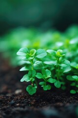 Poster - fresh herb shoots in garden their vibrant green hues standing out against dark rich soil